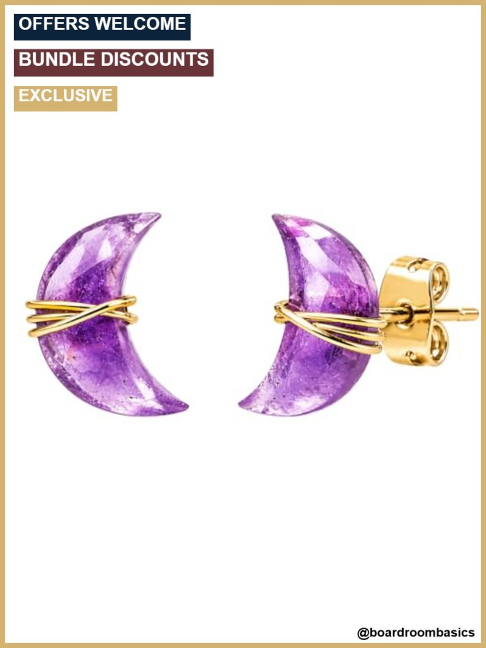 Amethyst Half Moon Stud Earrings Gold Plated Wire Wrapped Push Back